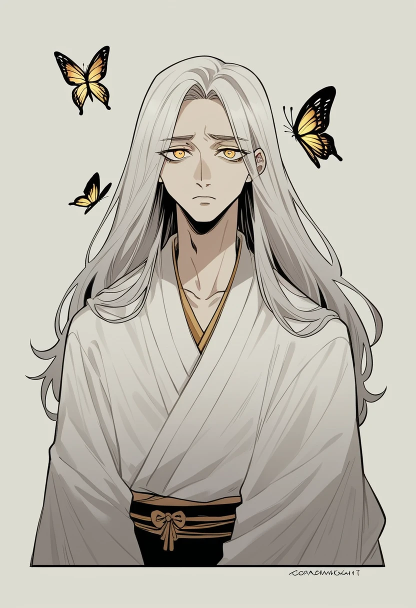(highly detailed portrait of a man with silver hair and long hair, golden eyes, wearing a white kimono with golden patterns, a sad expression on his face, butterflies flying around him:1.4), (best quality, 4k, masterpiece:1.2), detailed face, intricate kimono, elegant pose, cinematic lighting, muted color palette, atmospheric, melancholic, dramatic