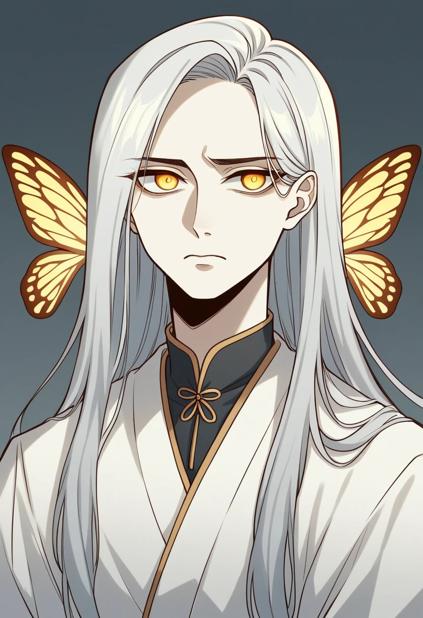 (highly detailed portrait of a man with silver hair and long hair, golden eyes, wearing a white kimono with golden patterns, a sad expression on his face, butterflies flying around him:1.4), (best quality, 4k, masterpiece:1.2), detailed face, intricate kimono, elegant pose, cinematic lighting, muted color palette, atmospheric, melancholic, dramatic