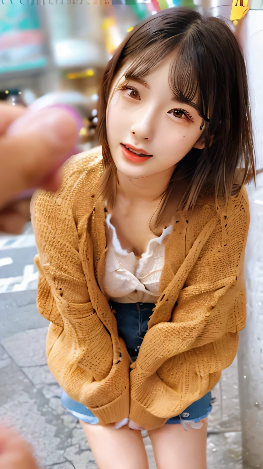 (8K、Raw photo、Highest quality、masterpiece:1.2)、(Realistic、Photorealistic:1.37)、Ultra-detailed、Ultra-high resolution、Beautiful and well-proportioned face,Asian、She has a dildo、Feeling face、Brown long curly hair、Lip gloss(Wet lips、Beautifully detailed skin、Skin Texture、Professional Lighting、Cardigan that accentuates the chest、Denim Skinny、Full body shot、whole body