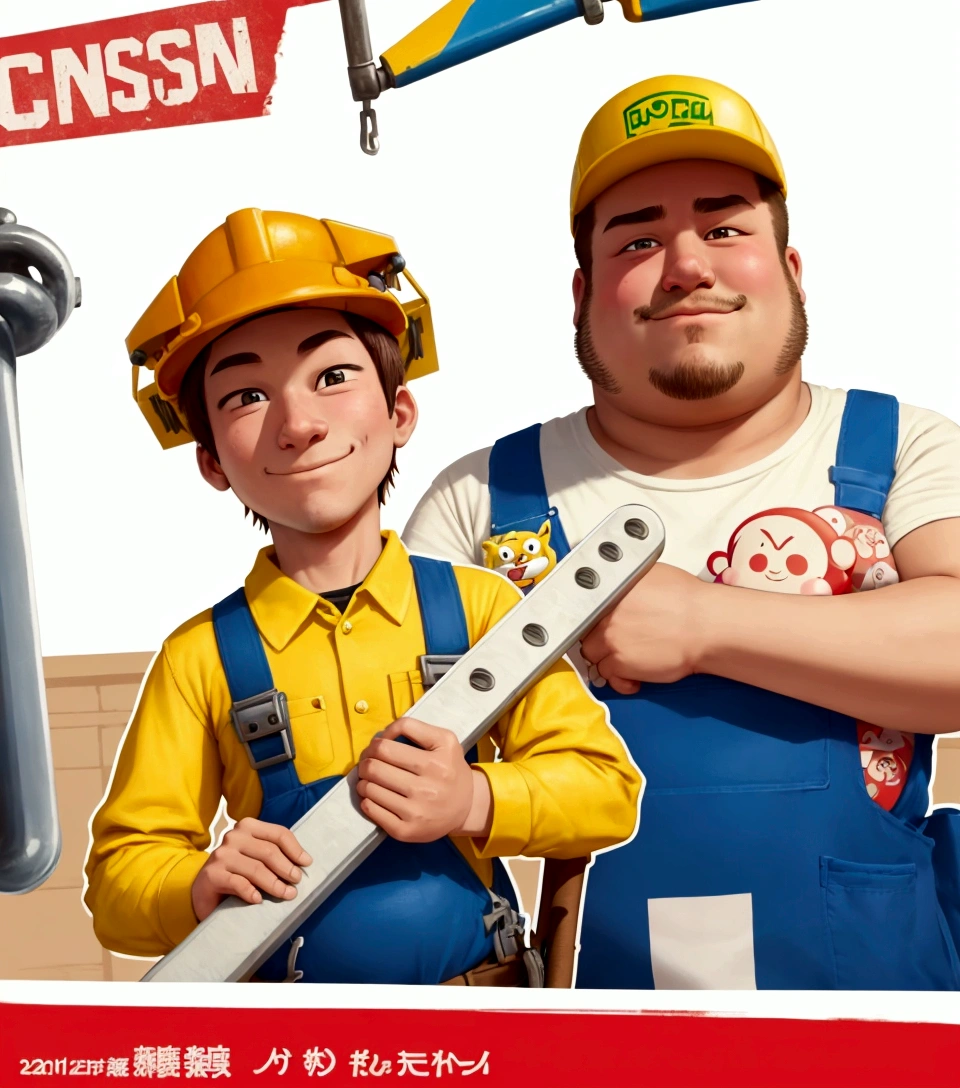 Close up of cartoon character holding wrench, , Worker， Wearing plumber, Propaganda Art, Chad, a carpenter, Higher than people, tool, Very explicit, Yoshita，young people，Age 25 years，The face shape is relatively round，Fat，No beard