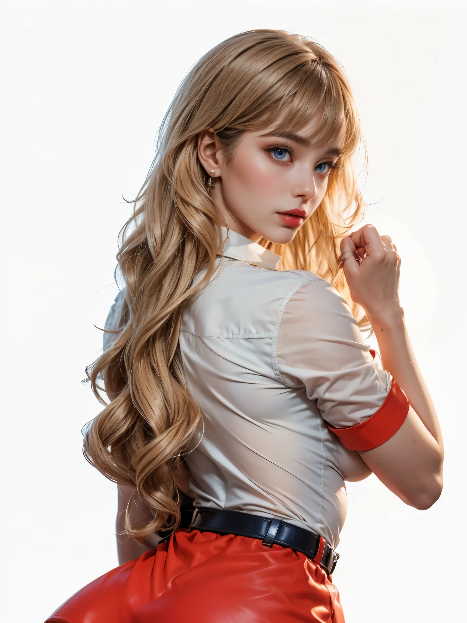 1 female、(Super beautiful)、(Pretty Face:1.5)、(A European stewardess1.5)、(Brown curly hair1.2)、(Bangs:1.1)、(Red leather skirt:1.1)、(Flight attendant uniform)、(Tailored Jackets)、(Solid Navy Mini Skirt)、(Brown wavy hair:1.2)、High heel、(Dark Makeup),Smooth and delicate skin,Sweat on the skin,(Masterpiece: 1.4), (8000, Realism, RAW photo, best quality: 1.4), Japanese, (1 girl), beautiful face, (lifelike face: 1.4), (brown wavy roll: 1.3), beautiful hair style, beautiful and meticulous eyes, (best proportion eyes: 1.5), attractive, ultra-high resolution, surRealism, very detailed, best aspect ratio, (meticulous face: 1.4), looking at the audience, red lipstick, (best finger proportion: 1.5), (a beautiful stewardess looking at the camera), [(18 years), whole body, (lifelike blue eyes: 1.2), (strength display In describing the behavior of female superman, (very good, very good: 1.4), lively nipples, (bare nipples, bare breasts, realistic high proportion breasts, realistic big breasts): 1.3), (shut up: 1.4), (camel then cat: 1.3), away from cat,