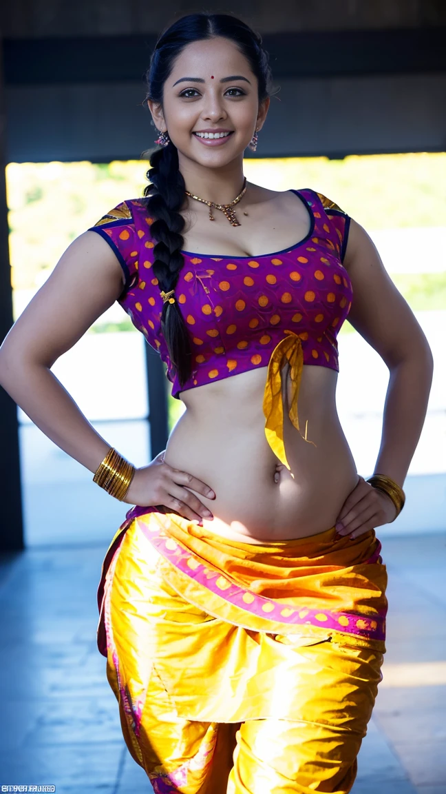 HD wallpaper 32k cinematic shoot of a Beautiful cute girl, with thick thighs and a curvy waist, twin braids,  wearing an Indian blouse top, horny, seductively, in a school corridor, dotted blouse top, smiling, ((long curvy waist)), ((lowwaist)), ((curvy waist))