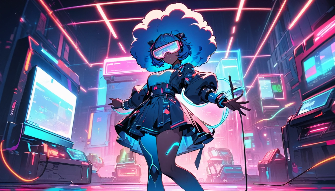 Beautiful, 1 dark skin, single girl, fluffy afro hair, blue hair, glowing wire, VR glasses mixed with sci-fi and neon tones. Behind it is a robot with neon lights. The background image is a large robot, clearly visible. ,on stage,playing electric drums