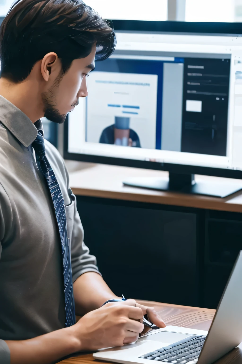 Man working in a casual office environment。He is using a laptop、He frowned as he looked at the display.。Around him are papers and a coffee cup.、The confusion is apparent.。