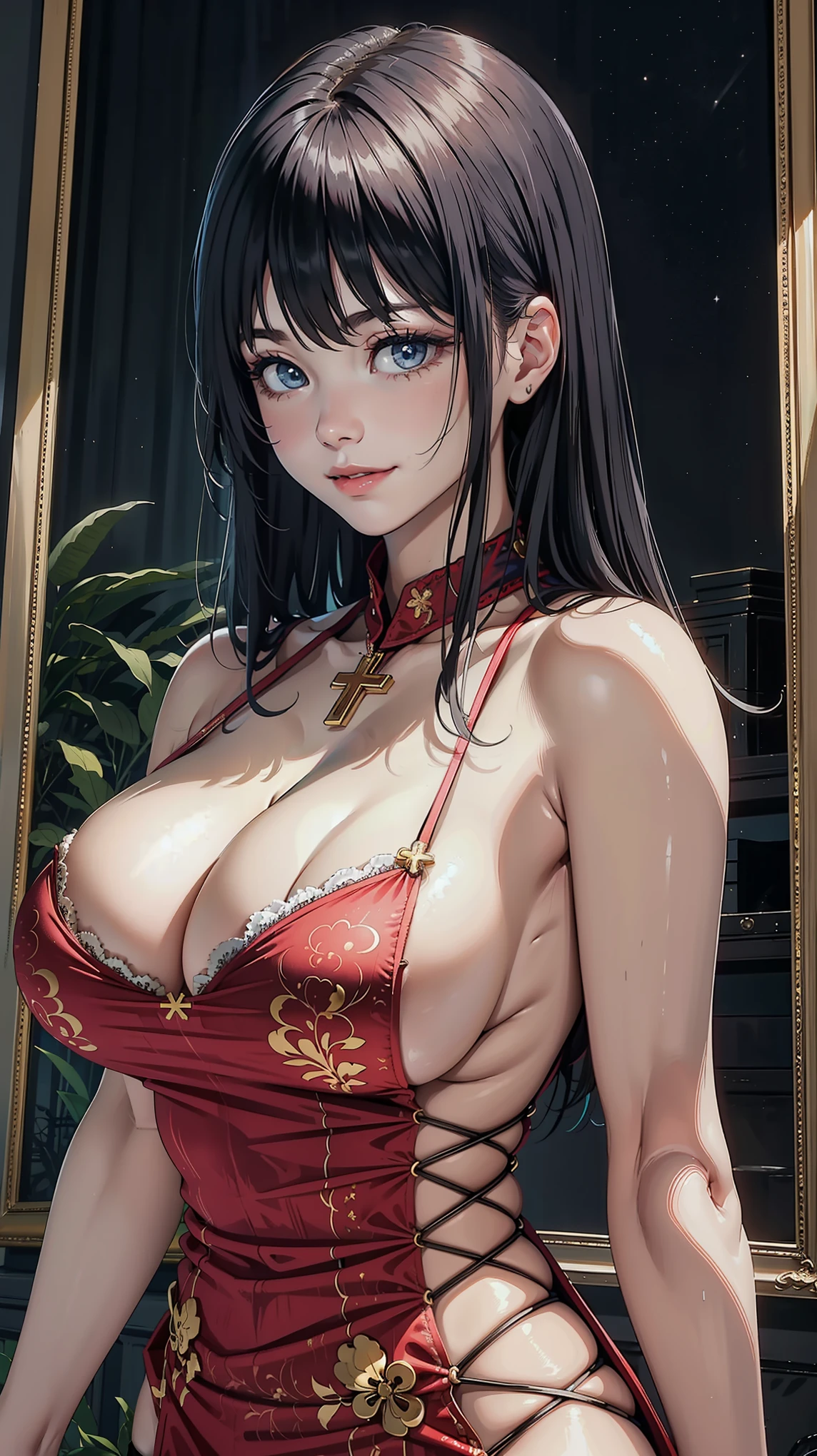 (Adult woman), alone, long hair, masterpiece,huge breast, looking at viewer, detail eyes, (detail face:1.2), standing, (front view), (Sideless Cross-Laced China Dress), (upper body shot:1.5), looking at viewer, (cleavage), maron dress, smile, perfect breast,