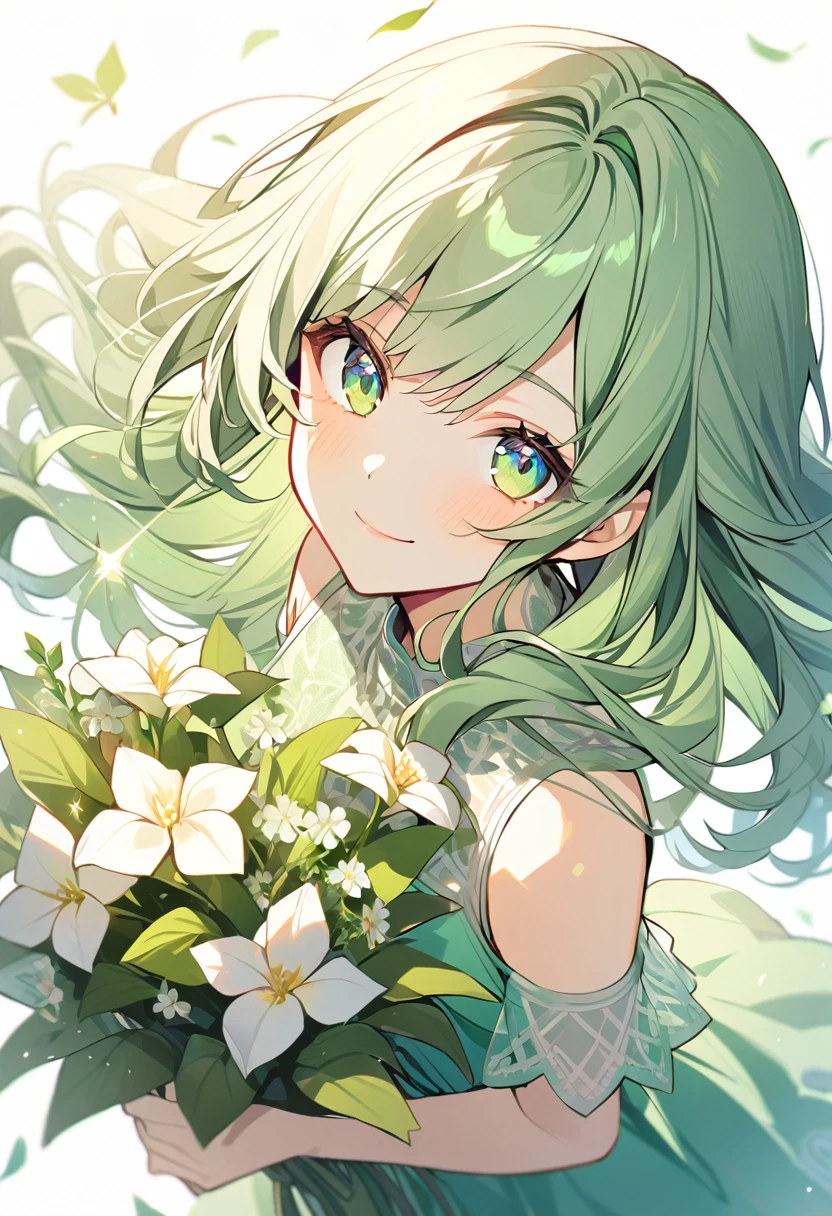 1girl, solo,light green eyeliner, green dress,light green long perm hair,sparkling light green eyes,light smile ,has several flowers,from above,corolla,white background,center part bang