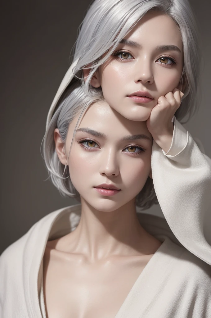 ((best quality)), ((masterpiece)), (detailed), perfect face silvery gray skin, short white hair, yellow eyes, brown leather robes, cracked skin on the face