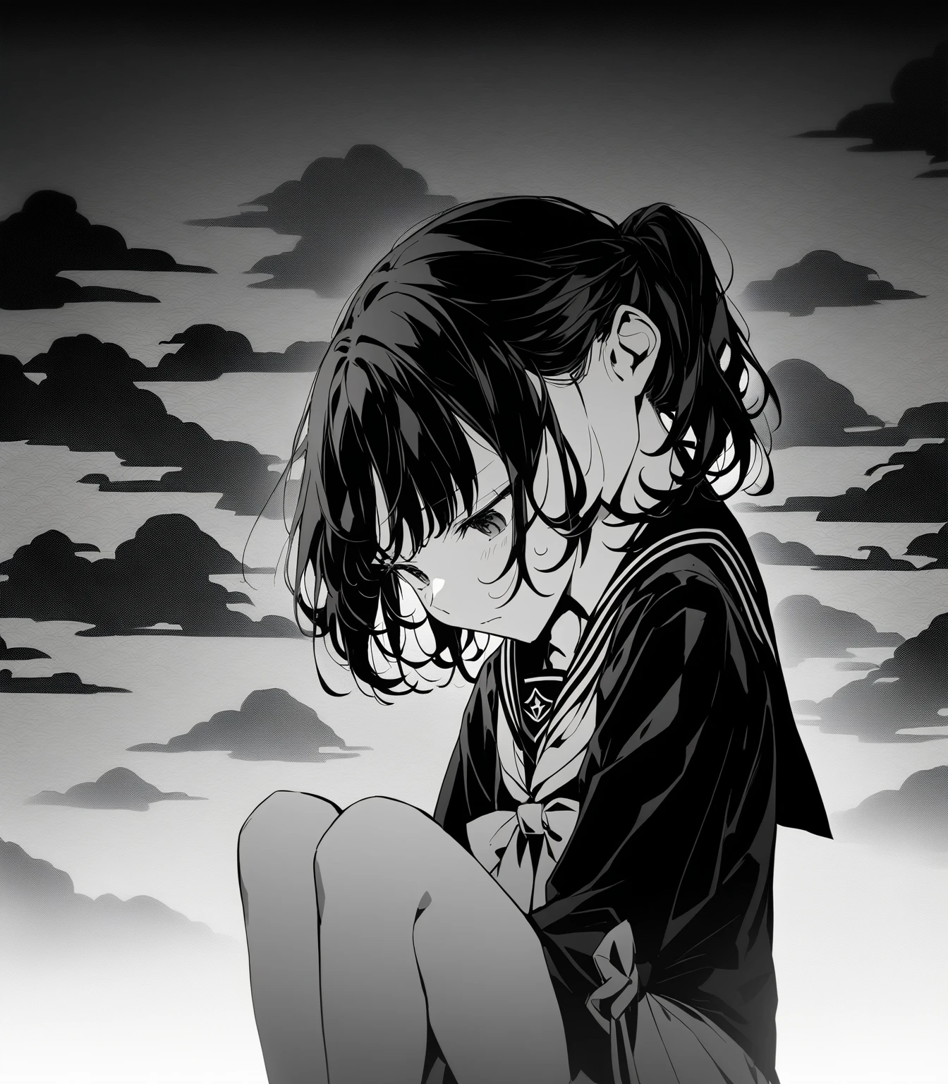 JK Girl，Beautiful anime portrait,Black monochrome，Oriental Wallpaper，Gray-black，Feeling，very anime style，Sailor Suit，whole body，Soft Light，Rich in details，Sad expression，jk decoration，Background blur，Vivid colors，情Feeling深沉，front，Standing，Bend your legs