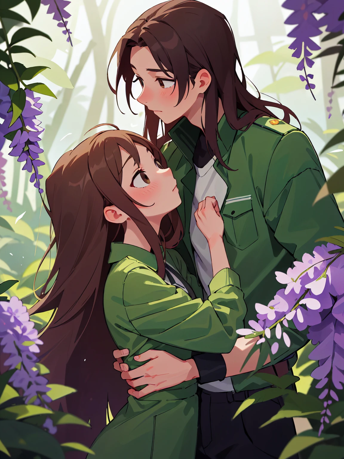 ((absurdres, higher, ultra HD)) 1 male, 1 female,mature, kissing each other, guy is front of her slightly bend towards her, (Man in green camouflage uniform), (woman in white nurse's uniform), wisteria flower around them, beautiful, scenary, romantic,((calm and romantic expression:1.2)) ,pixiv, digital painting, mascular man, beautiful elegant woman, (gray stylish hair for man), (brown long hair for woman)