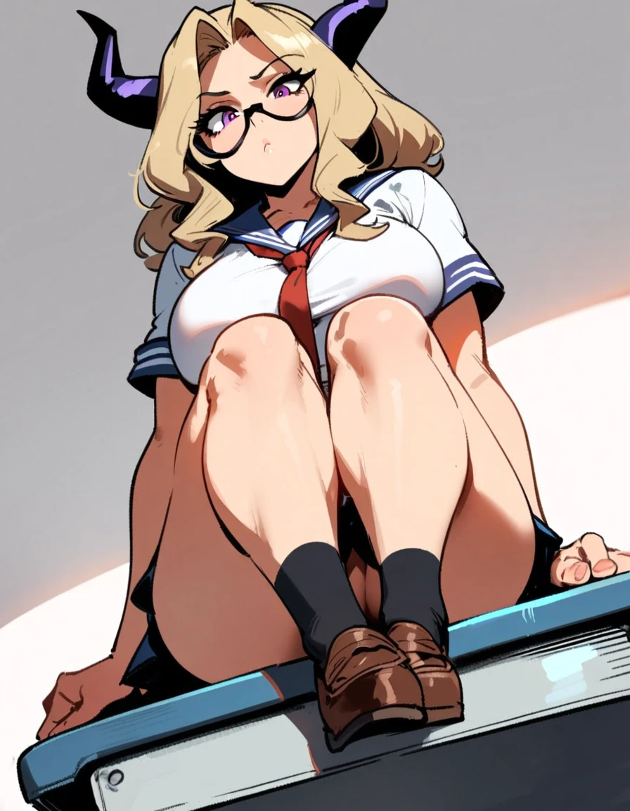 1girl, mount lady, boku no hero academia \\\\\ masterpiece, best quality, very aesthetic, absurdres, newest \\\\\\ sportive body, \\\\\\ by dodok, nyantcha, cutesexyrobutts, by khyle ///// blonde, purple eyes, (school uniform:1.2), skirt, , 24 years old, white background,tie,sit on desk, below view,