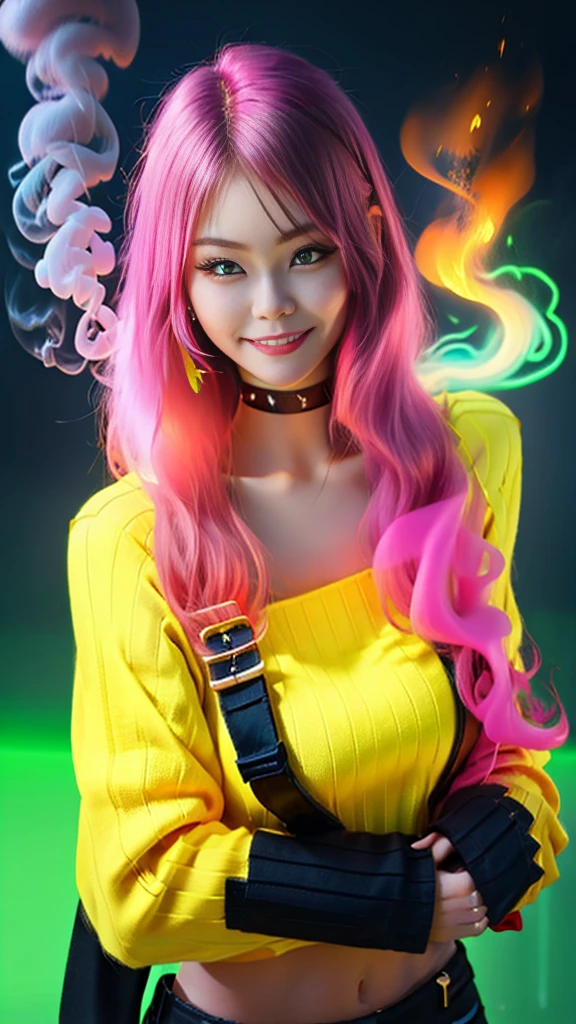 kpop girl with rizz smile face, bad ass, black gloves, bobba shake, neon yellow pink hair, tattoos on hands and neck, piercing, black mixed green striped oversized tomboy ish sweater, cool badass pose, smoke background, colorful smoke background
