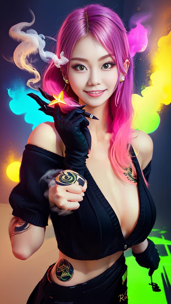 kpop girl with rizz smile face, bad ass, black gloves, bobba shake, neon yellow pink hair, tattoos on hands and neck, piercing, black mixed green striped oversized tomboy ish sweater, cool badass pose, smoke background, colorful smoke background
