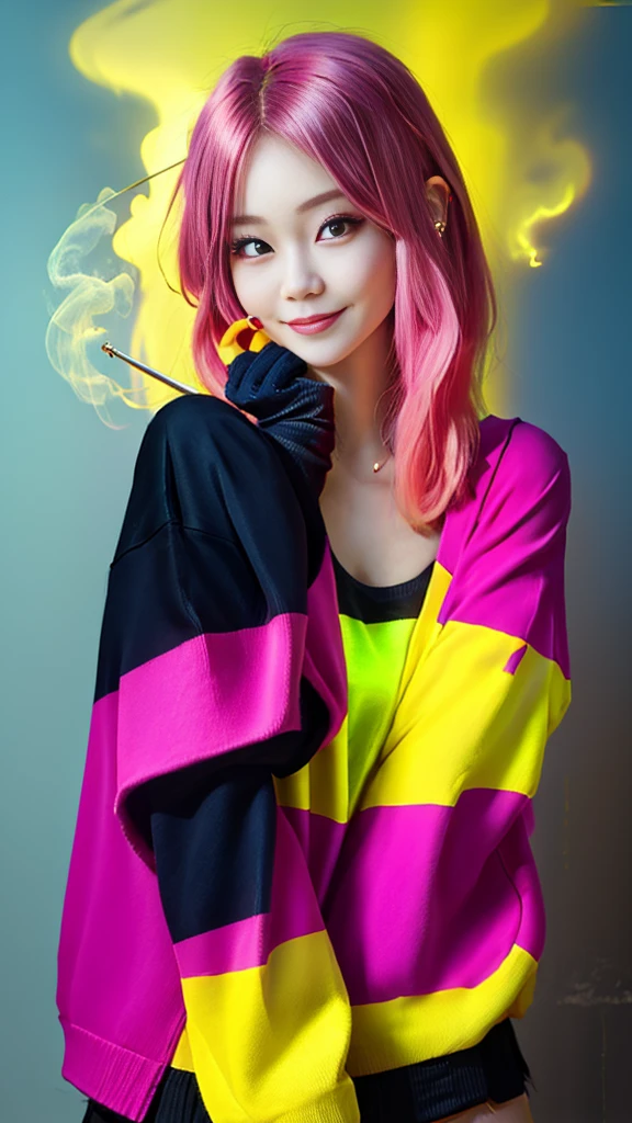 kpop girl with rizz smile face, bad ass, black gloves, bobba shake, neon yellow pink hair, tattoos on hands and neck, piercing, black mixed green striped oversized tomboy ish sweater, cool badass pose, smoke background, colorful smoke background
