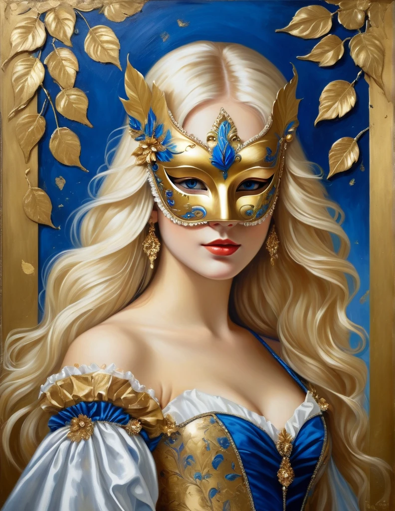 very attractive 25 year old girl with long platinum blonde hair, (best quality, masterpiece:1.2), (gold leaf art:1.2), oil painting on canvas, Renaissance Venetian carnival, portait full body, beautiful woman in a white and blue dress and a decorated mask on her face, gold decorations on the mask and dress, strong brush strokes, gold leaves glued in places of gold decorations, gold leaf art,