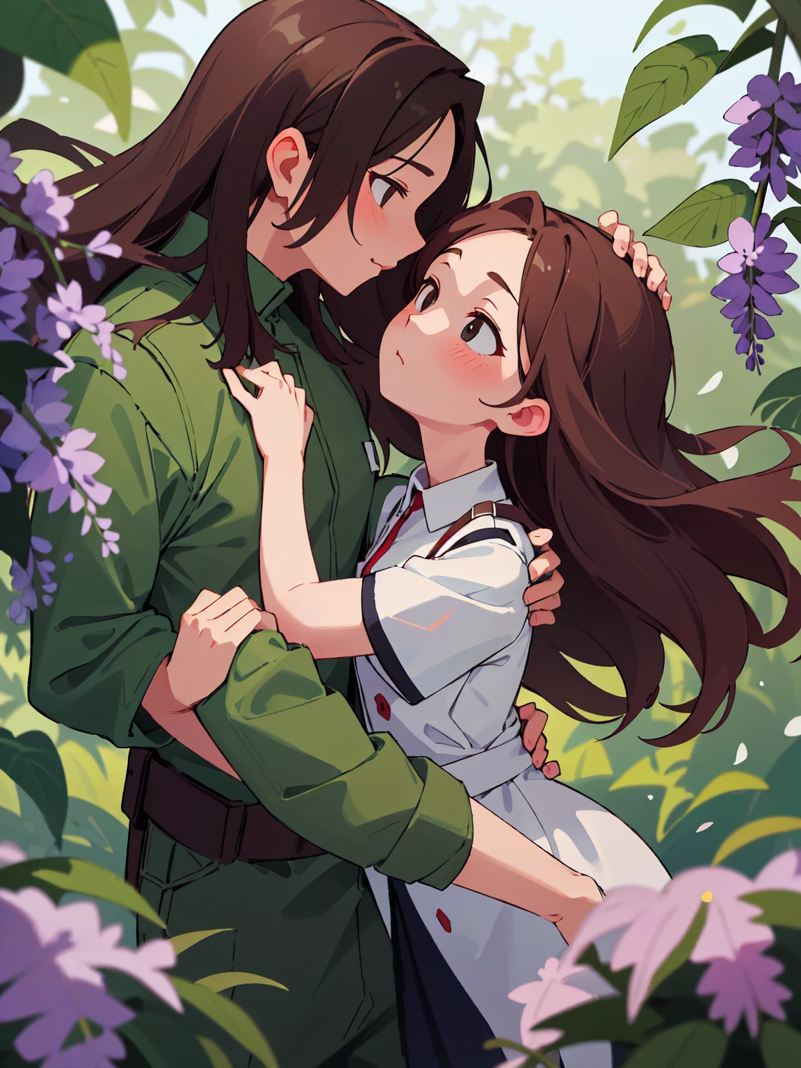 ((absurdres, higher, ultra HD)) 1 male, 1 female,mature, kissing each other, guy is front of her slightly bend towards her, (Man in green camouflage uniform), (woman in white nurse's uniform), wisteria flower around them, beautiful, scenary, romantic,((calm and romantic expression:1.2)) ,pixiv, digital painting, mascular man, beautiful elegant woman, (gray stylish hair for man), (brown long hair for woman)