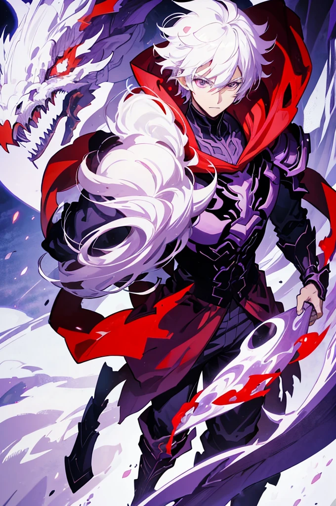25 years old anime man with white hair, Wearing a Red cloak, Standing in front of a dragon, With one hand in his pocket, And purple aura in a form of smoke emerging out of his body