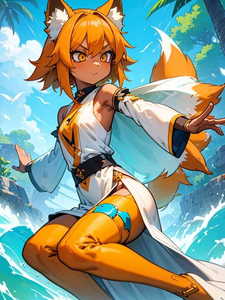 Young girl with shoulder length orange hair and yellow eyes, wearing a simple tunic, orange fox ears with a white tip and an orange fox tail with a white tip.