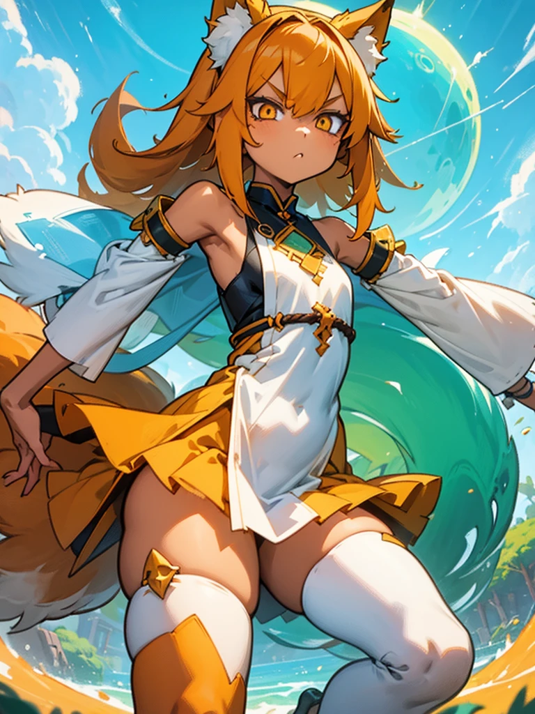 Young girl with shoulder length orange hair and yellow eyes, wearing a simple tunic, orange fox ears with a white tip and an orange fox tail with a white tip.