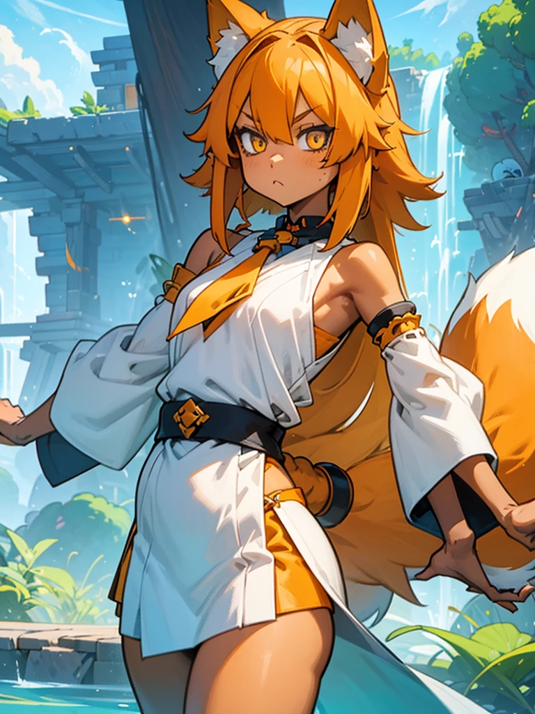 Young girl with shoulder length orange hair and yellow eyes, wearing a simple tunic, orange fox ears with a white tip and an orange fox tail with a white tip.