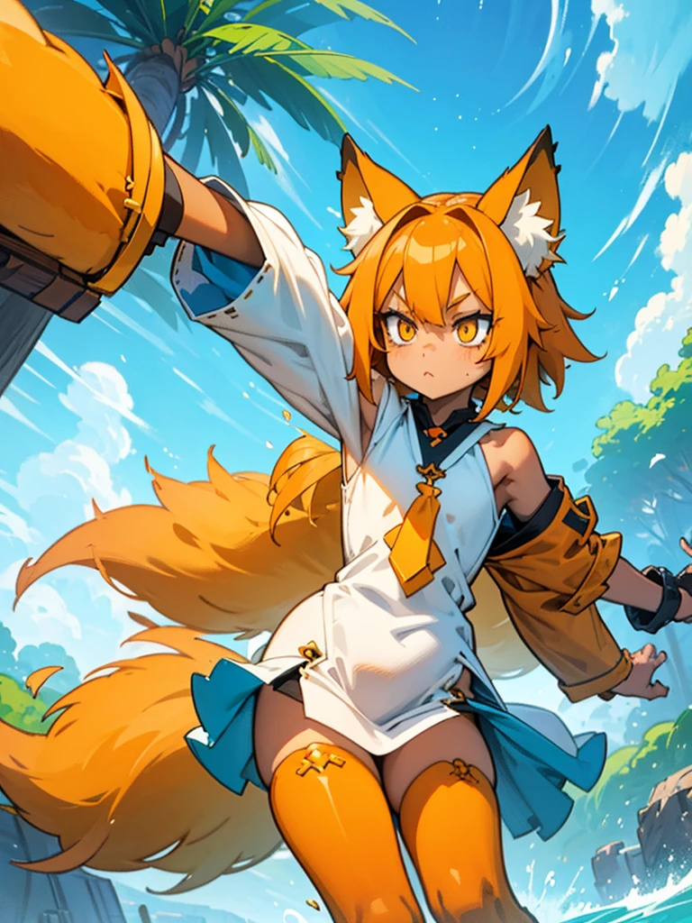 Young girl with shoulder length orange hair and yellow eyes, wearing a simple tunic, orange fox ears with a white tip and an orange fox tail with a white tip.