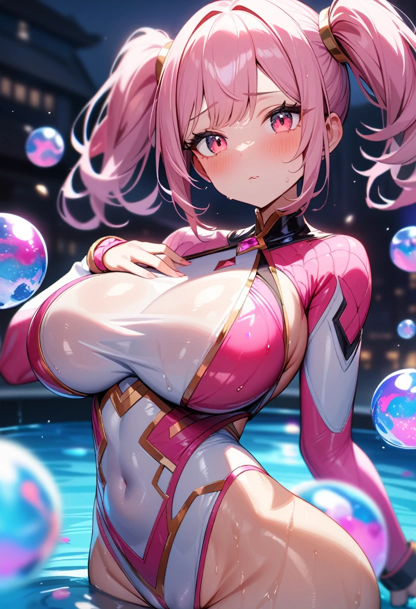 1girl,solo,super detailed skin,shiny skin,wet oily skin, expressionless face,eyelashes,luminous pink hair,twintails,short hair,large breasts,unique and complex clothes,high-leg leotard,luminous pond,Thousand splashes,luminous water balls,cameltoe,Various poses,masterpiece,best quality,ultra detailed,high resolution,sharp focus,depth of field