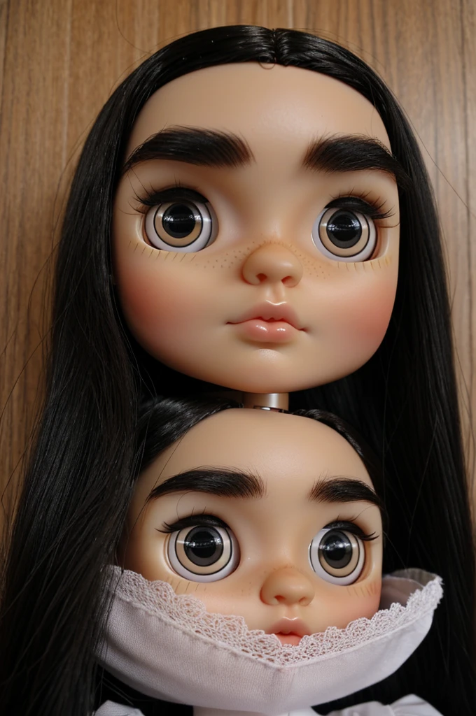 blythe doll black eyes, white complexion, short black hair, no bangs, with a hairless forehead, a clear forehead