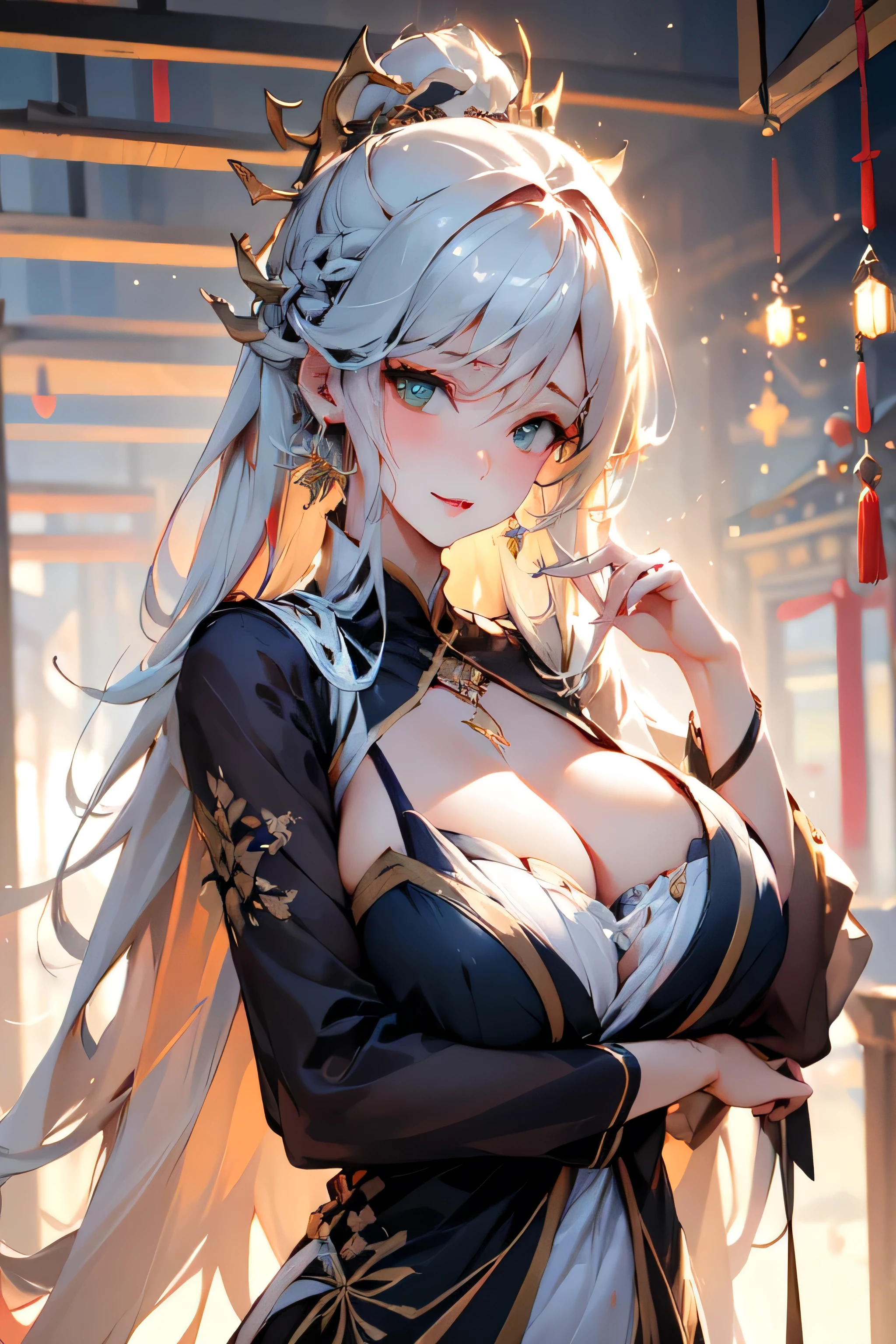 最high quality、high quality、best image quality、8K、最High resolution、High resolution、最high quality、masterpiece, half cut、 skin in every detail、 face in every detail、 eyes in every detail、 lips in every detail、 teeth in every detail、 ears with attention to detail、 hair with detailed details、arms with attention to detail、 hands with attention to detail、 fingers with attention to detail、 (fine hands、thumb1reference4)、 legs with attention to detail, feet with attention to detail, Tyndall effect, (balance and adjustment of all things), 8k, ultra HD, sharp focus, details hair, beautiful hair, details face, beautiful detail eye, details pupil, perfect hand, vibrant colours, soft lighting
Chinese anime, Chinese girl, long hair, hairpin, hair tie, Chinese hairpin, white red hair, radial gradient hair, mixed colours hair, black green eyes, glowing eyes, huge chest, slim body, traditional summer dress, colour summer dress, off shoulders, random shoes, random pose, sexy
grand hall, wedding, scene, look view, standing