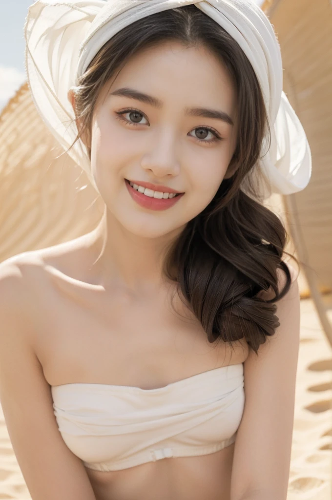 (((best quality))),(((ultra detailed))),(((masterpiece))),illustration,((A beautiful Muslim girl,solo)),((slim,thin)),summer,(in desert:1.3),white headscarf,(strapless white bra:1.3),(laughing:1.3),fair complexion,sun rays,gentle breeze,elegant attire,vast expanse,golden sand,azure sky,dunes,stillness,graceful elegance,(from front:1.3),(close-up of face:1.3),(small breasts:1.2),(flat chest:1.2)