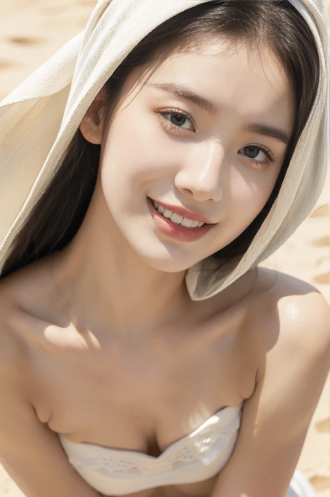 (((best quality))),(((ultra detailed))),(((masterpiece))),illustration,((A beautiful Muslim girl,solo)),((slim,thin)),summer,(in desert:1.3),white headscarf,(strapless white bra:1.3),(laughing:1.3),fair complexion,sun rays,gentle breeze,elegant attire,vast expanse,golden sand,azure sky,dunes,stillness,graceful elegance,(from front:1.3),(close-up of face:1.3),(small breasts:1.2),(flat chest:1.2)