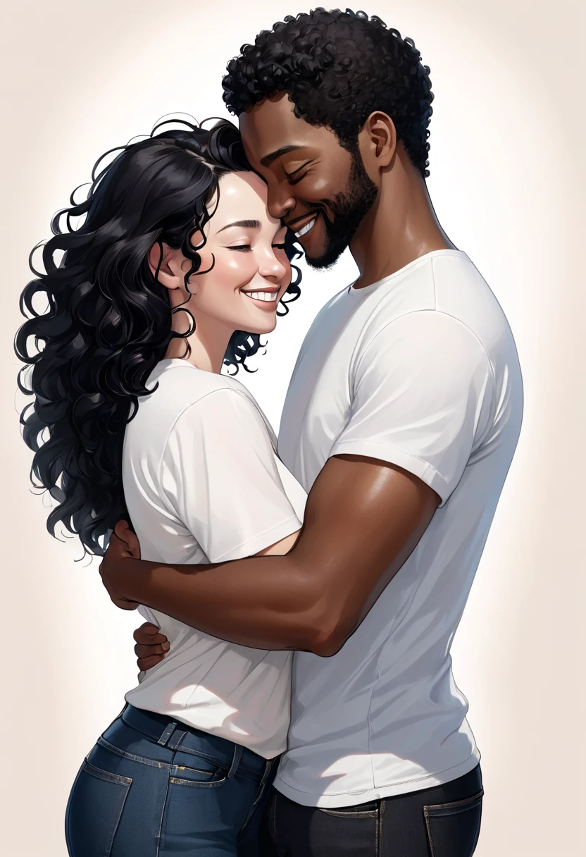 In a neutral and colorless environment, a black man with loose black curly hair, wearing a white t-shirt and dark jeans, affectionately hugs a white woman with loose black hair. They exchange tender smiles, expressing comfort and mutual connection, while the neutral background highlights the intimacy of the moment