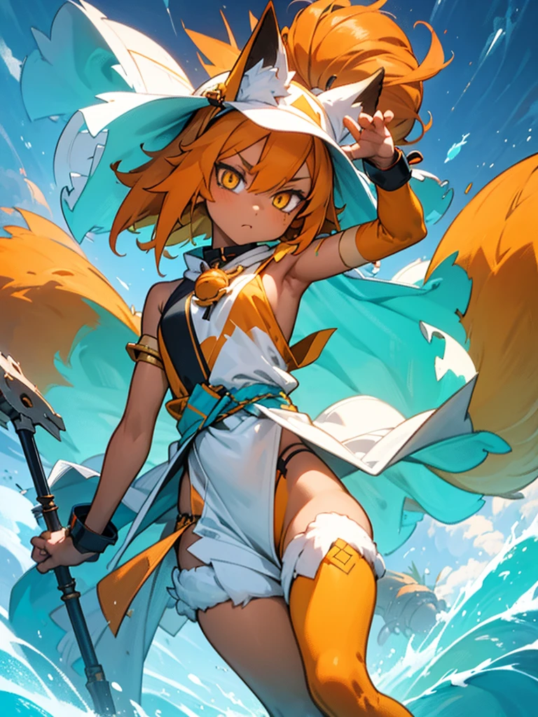 Young girl with shoulder length orange hair and yellow eyes, wearing a simple tunic, orange fox ears with a white tip and an orange fox tail with a white tip.