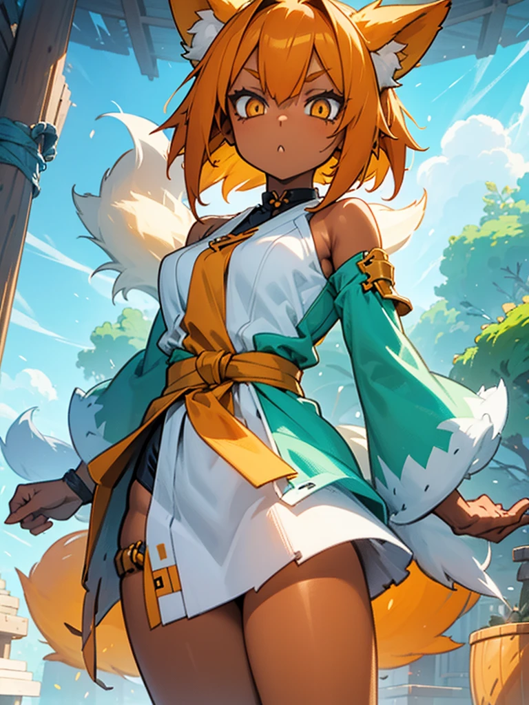 Young girl with shoulder length orange hair and yellow eyes, wearing a simple tunic, orange fox ears with a white tip and an orange fox tail with a white tip.