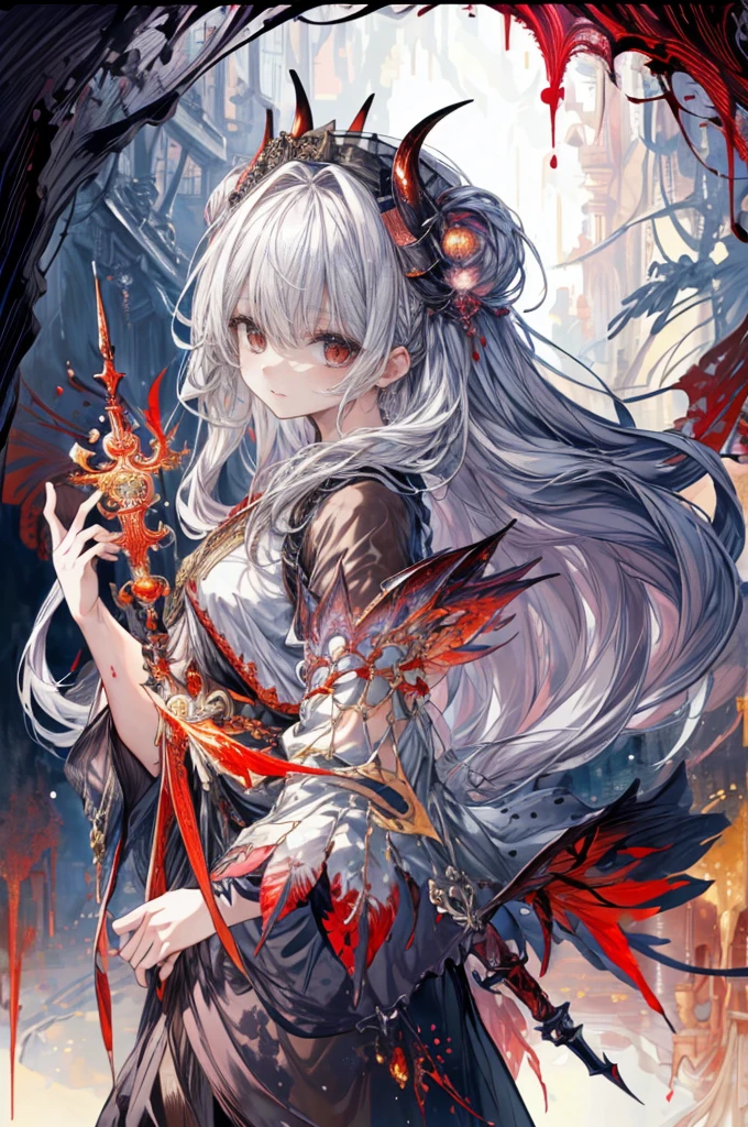 1girl、(((Highest quality、Masterpiece、Official Art、The best dynamic composition、Super detailed)))、(Tabletop, Absurd quality, Highest quality, Official Art, beautifully、aesthetic: 1.2), (One Woman: 1.4), Very detailed, (Fractal Art: 1.3), colorful, Most detailed, Holding the Female Demon Sword, (Positive::1.3), Action Painting Style, Dark grey and red, Andrzej Arrangements, anime, Dark and chaotic, Super detailedなイラスト, Wandering eyes