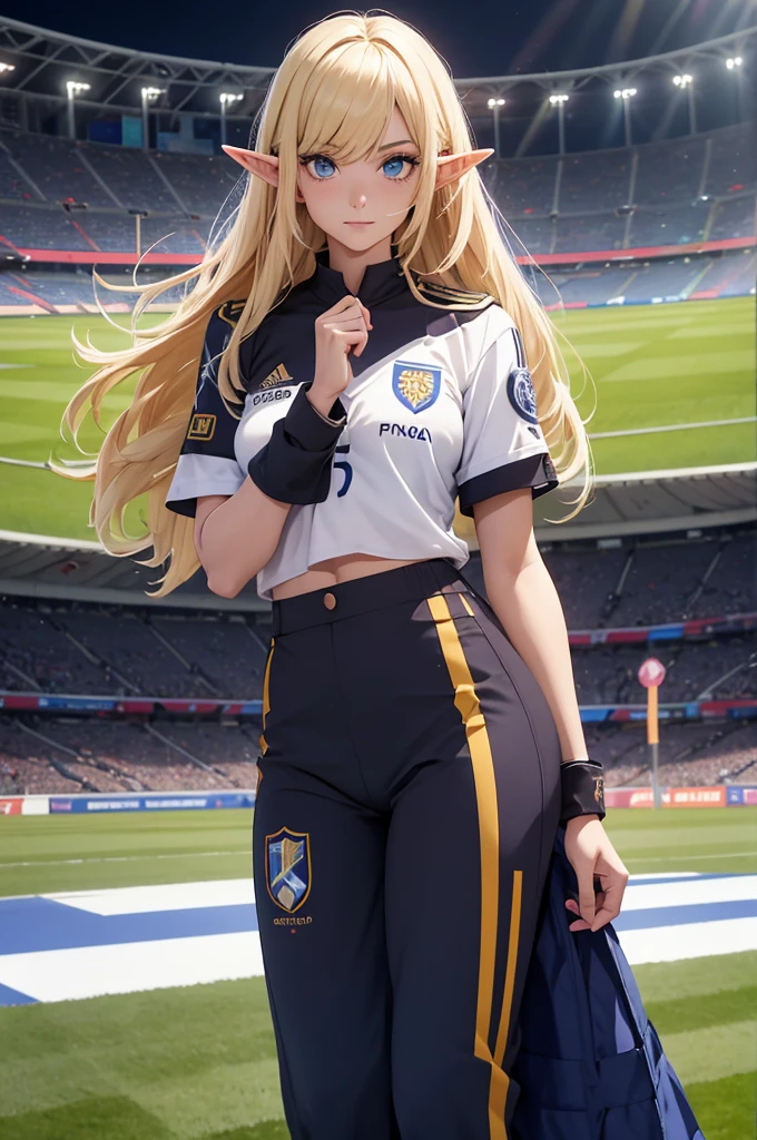 (extremely detailed CG unity 8k wallpaper), (best quality), (ultra-detailed), (best illustration), 1girl, detailed soccer stadium, outdoors, beautiful sunlight, soccer uniform, shorts, socks, soccer, (striped uniform), green field <lora:samus-nvwls-v1:0.55>, samus aran, ponytail, hair tie, <lyco:saopaulo-10:0.8>, saopaulo, (blue eyes), white uniform, smiling, ((tall, wide waist, large breasts))