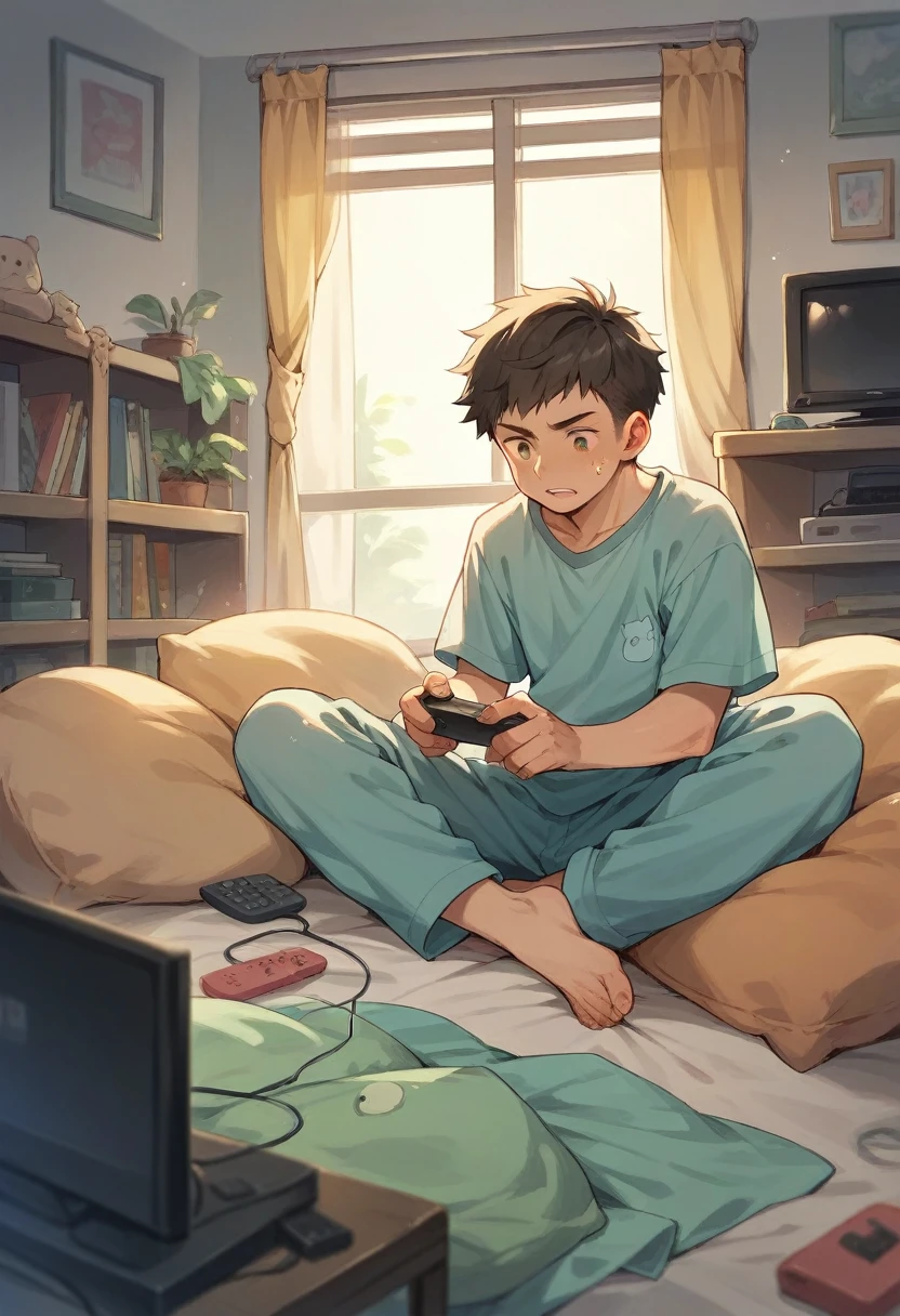 An illustration showing a young boy in pajamas holding a TV remote,