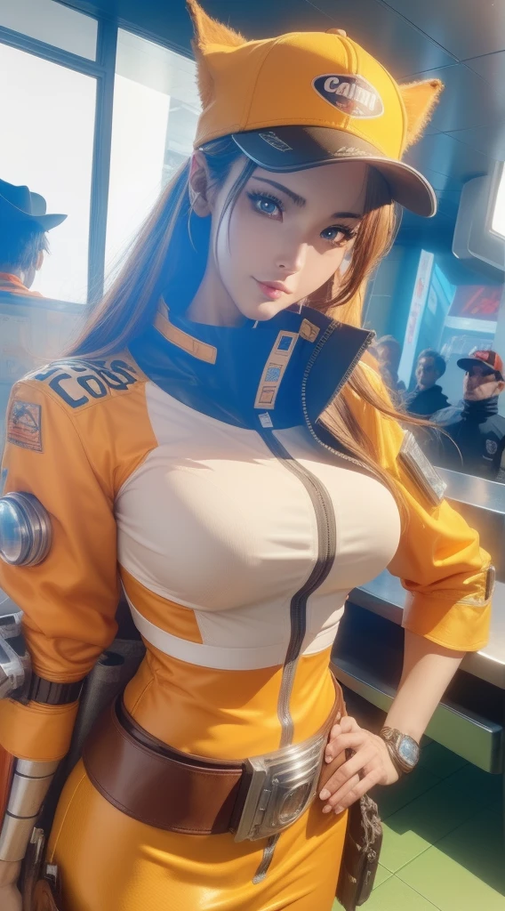 anime, ((beautiful face)), beautiful perfect face, perfect look, CGI, trending on PS5
, uhd, ultra detailed, sharp beautiful eyes, ((pretty face)), focus on the face, (face)
full body shot,
cyborg female, female machinery, in a orange garbage collector uniform, and a hat, belt, ornaments on ears, in space, garbage space ship in the backgrounds, cyberpunk, comic style, 4k, high resolution, highly detailed, highly detailed face, 3/4 body portrait, slim body, intricate details, highly detailed, (cowboy shot:1.2),