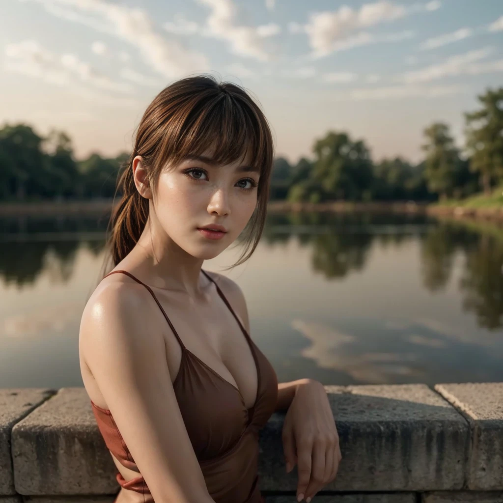 Kasumi, brown eyes, (best quality, ultra-detailed), (realistic:1.37), beautiful and detailed face, ultra-realistic texture, delicate face, delicate body, red lipstick, bright colors. High definition, 8K, mouth half open