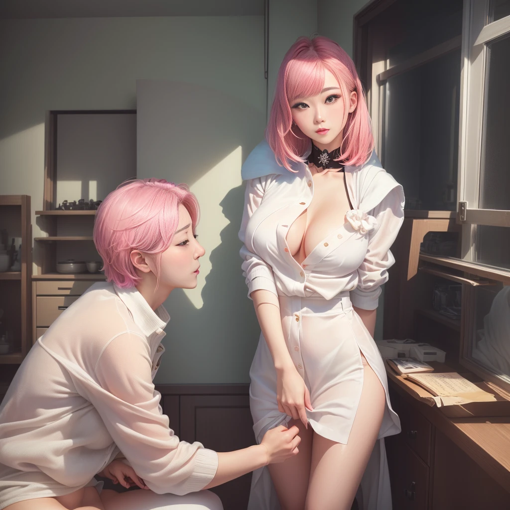On the left is a woman in her 20s and on the right is a man in his 50s (masterpiece: 1.4), (8K, reality, Original photo, Highest quality: 1.4), Japan, (G Cup Girl), Beautiful Face, (Real Face: 1.4), (Pink Hair, short hair: 1.3), Hairstyle, Beautiful eye for detail, (reality皮肤: 1.3), Beautiful Skin, Charm, Ultra-high resolution, Ultra-realistic, HD, Golden Ratio, (Detailed face: 1.4), (Japan演员: Estuary), Sheer vest,粉色short hair,white透明,white,NSFW,big,big屁股强调,The shape of the nipple and areola is clearly defined,The shape of the pubic bone is clear and clear,