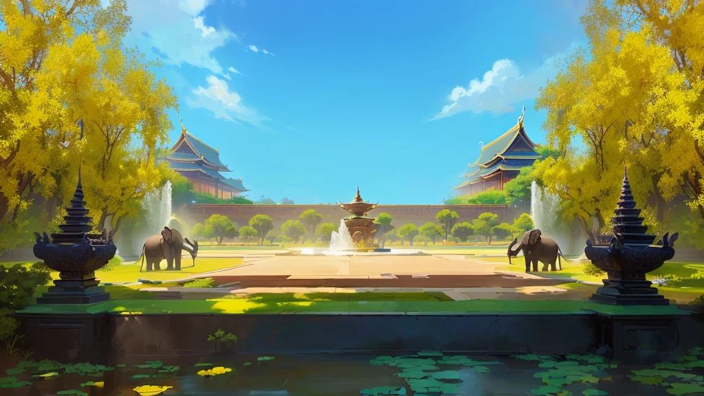 there is a painting of a courtyard with a fountain and elephants stone, arena background, mobile game background, background art, background artwork, palace background, game background, temple background, volley court background, zen temple background, anime background art, royal garden background, amazing wallpaper, anime background, 2 d game art background, park background, anime scenery concept art, videogame background, Cassia fistula, far architect thailand