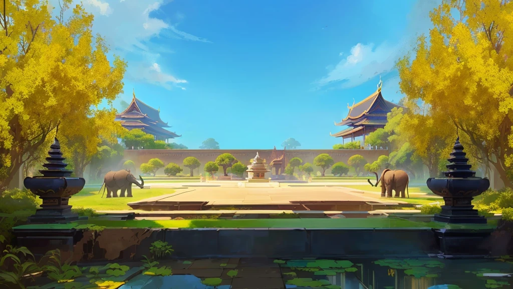 there is a painting of a courtyard with a fountain and elephants stone, arena background, mobile game background, background art, background artwork, palace background, game background, temple background, volley court background, zen temple background, anime background art, royal garden background, amazing wallpaper, anime background, 2 d game art background, park background, anime scenery concept art, videogame background, Cassia fistula, far architect thailand