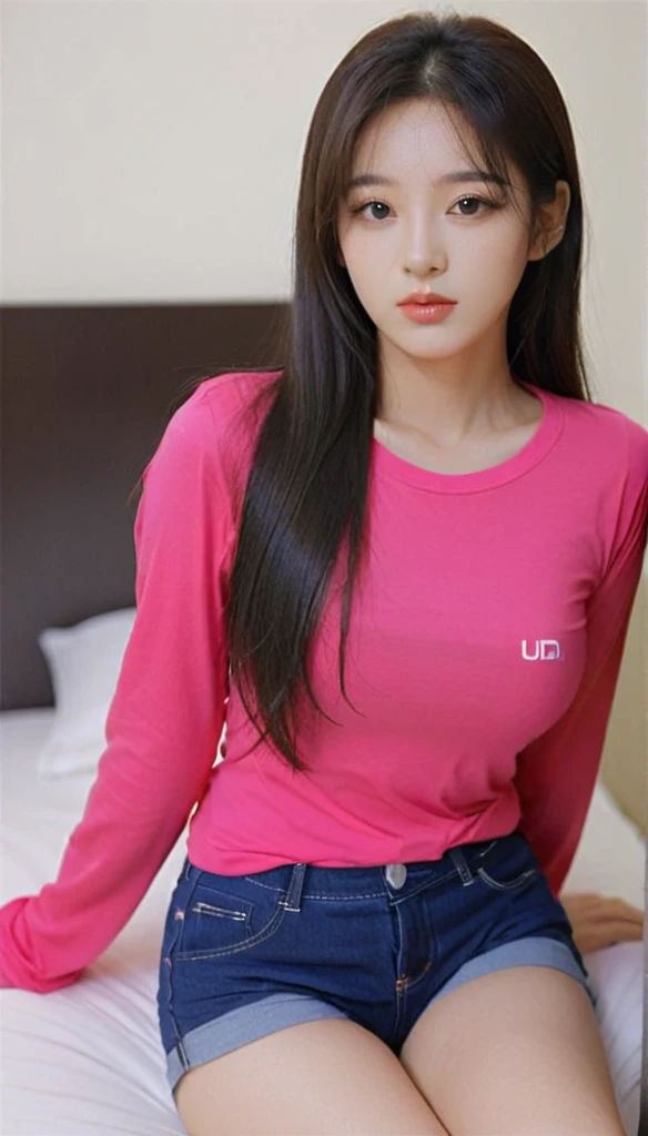 close-up of beautiful South Korean, An Yujin is a IVE South Korean pop girl group, age 20 years old girl, youthful face, perfect body, white body skin, very long hair, black hair, straight hair, 36 inches breasts size, wearing a plain hot pink sleeved t-shirt, wearing a tight plain dark blue pant shorts, sexy looking pose, pose a naughty look, pose looks seductive, at the boyfriend bedroom, boyfriend bedroom background, UHD