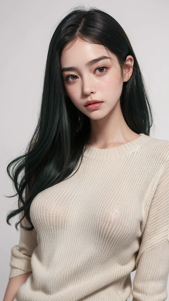 best quality, masterpiece, (lifelike:1.4), 1 17 year old girl, A faint smile, Dark green hair,White sweater,Nipple protrusion,Wet,A lot of sweat,Marks,blushed skin,/Upscale,Height 175cm,Natural beautiful face,slim body,Pure white background,Fair and rosy skin,Messy Curls