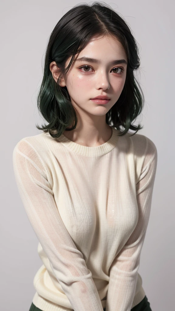 best quality, masterpiece, (lifelike:1.4), 1  girl, A faint smile, Dark green hair，White sweater，Nipple protrusion，Wet，A lot of sweat，Marks，blushed skin，/Upscale，Height 175cm，Natural beautiful face，slim body，Pure white background，Fair and rosy skin，Messy Curls