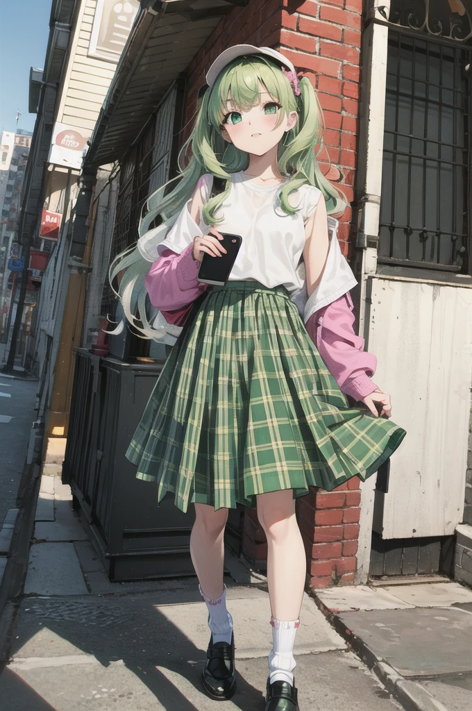 Volume hair, soft hair, emerald green hair and pink inner color, wavy hair, gradation hair, green hair, side braids, wavy hair, two side up, cloud hair, emerald green eyes, high school girl, Cheerful and active, blonde clip, loose socks, plaid skirt, holding smartphone, on the street, (best) quality, 4K, 8K, high resolution, masterpiece: 1.2), ultra-definition, bright colors, soft lighting