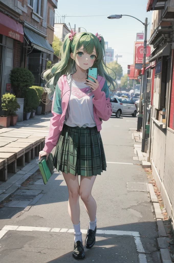 Volume hair, soft hair, emerald green hair and pink inner color, wavy hair, gradation hair, green hair, side braids, wavy hair, two side up, cloud hair, emerald green eyes, high school girl, Cheerful and active, blonde clip, loose socks, plaid skirt, holding smartphone, on the street, (best) quality, 4K, 8K, high resolution, masterpiece: 1.2), ultra-definition, bright colors, soft lighting