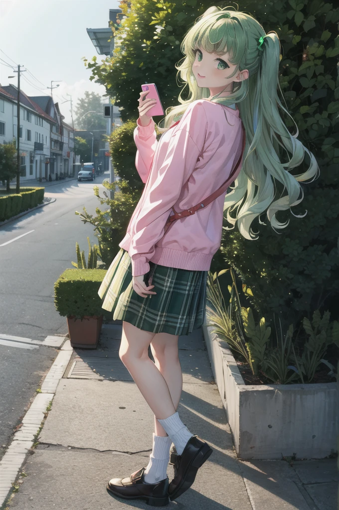 Volume hair, soft hair, emerald green hair and pink inner color, wavy hair, gradation hair, green hair, side braids, wavy hair, two side up, cloud hair, emerald green eyes, high school girl, Cheerful and active, blonde clip, loose socks, plaid skirt, holding smartphone, on the street, (best) quality, 4K, 8K, high resolution, masterpiece: 1.2), ultra-definition, bright colors, soft lighting