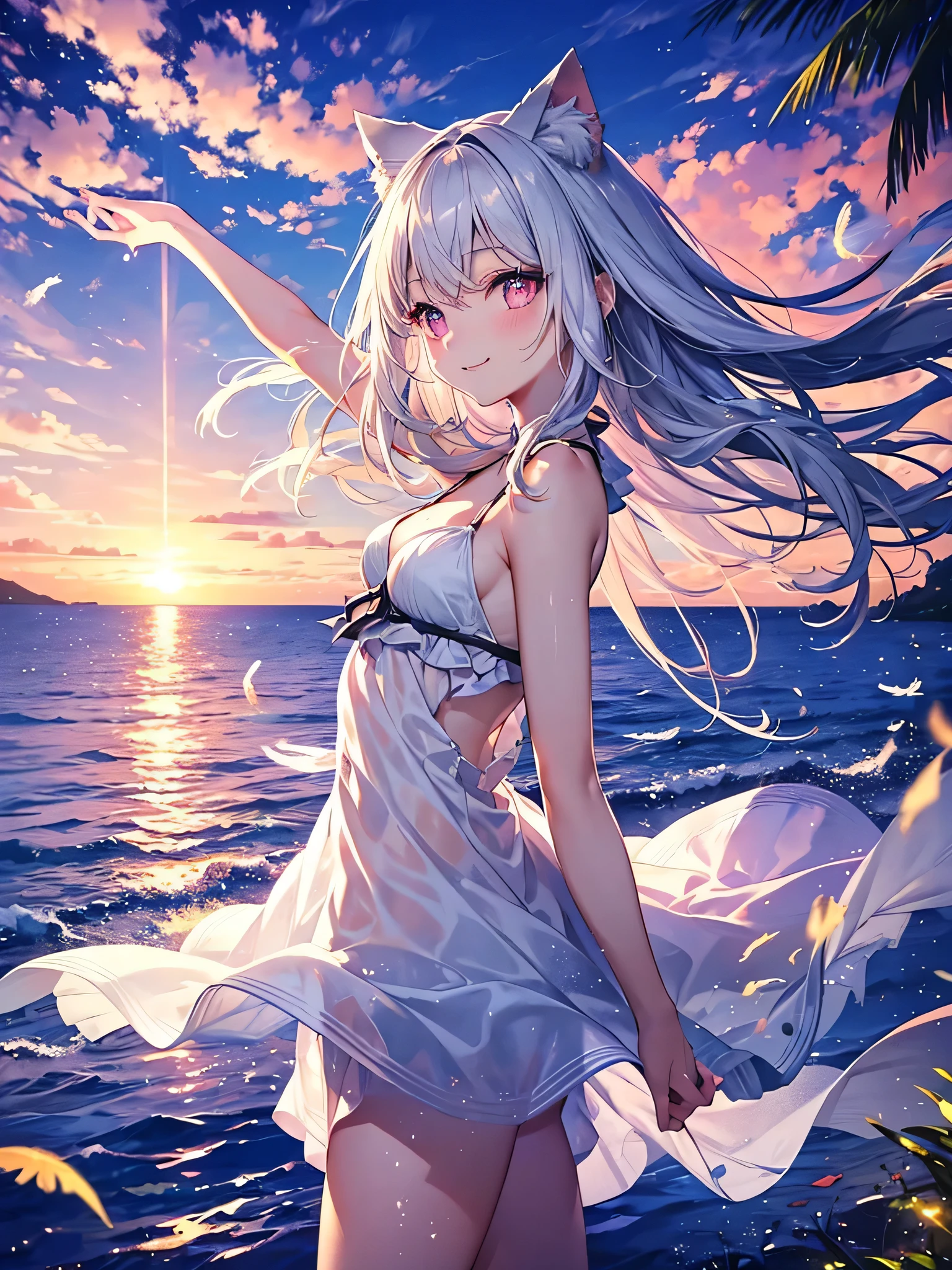 Highly detailed face, water effects、Light effects、Feather effect,Sparkling eyes,Highlighted eyes, medium breasts,pretty girl,smile,Cat ear,Beautiful silver hair,Pink inside,Beautiful pink eyes ,an orange、pink there、Yellow blends to fill the sky、The sunset over the beach is truly mesmerizing。The crystal clear sea gently kisses the shore、White sand beaches stretch everywhere。Seagulls soar high into the sky、It is a dynamic and breathtaking scene with palm trees gently swaying。Embrace a calm atmosphere、Peace washes you。