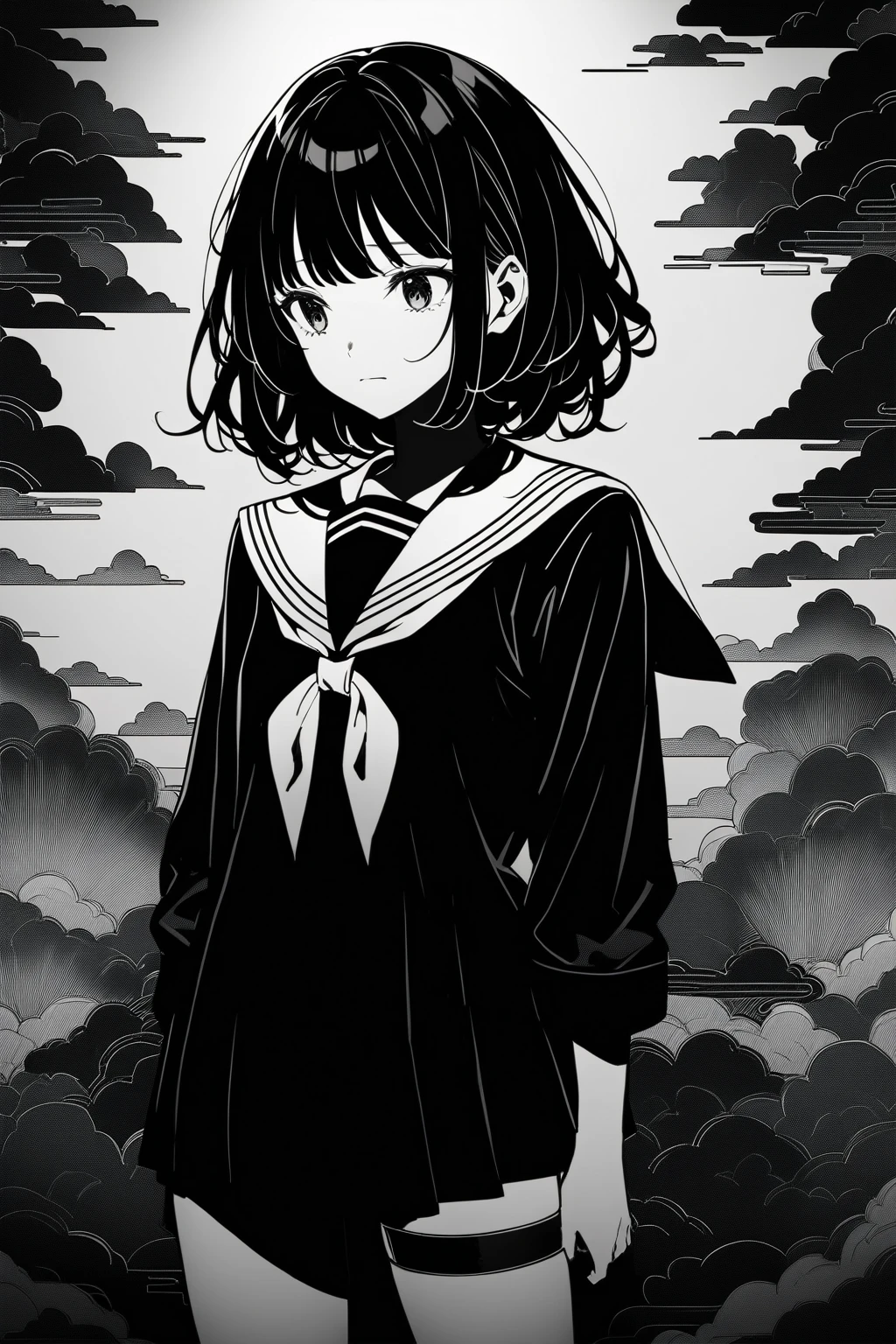 Beautiful anime portrait,Black monochrome,Oriental Wallpaper,Gray-black,Feeling,very anime style,Sailor Suit,whole body,Soft Light,Rich in details,Sad expression,leg ring decoration,Background blur,Vivid colors,情Feeling深沉,front,Standing posture