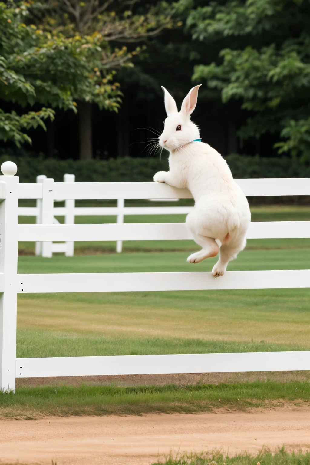 white rabbit is hopping over the fence alone