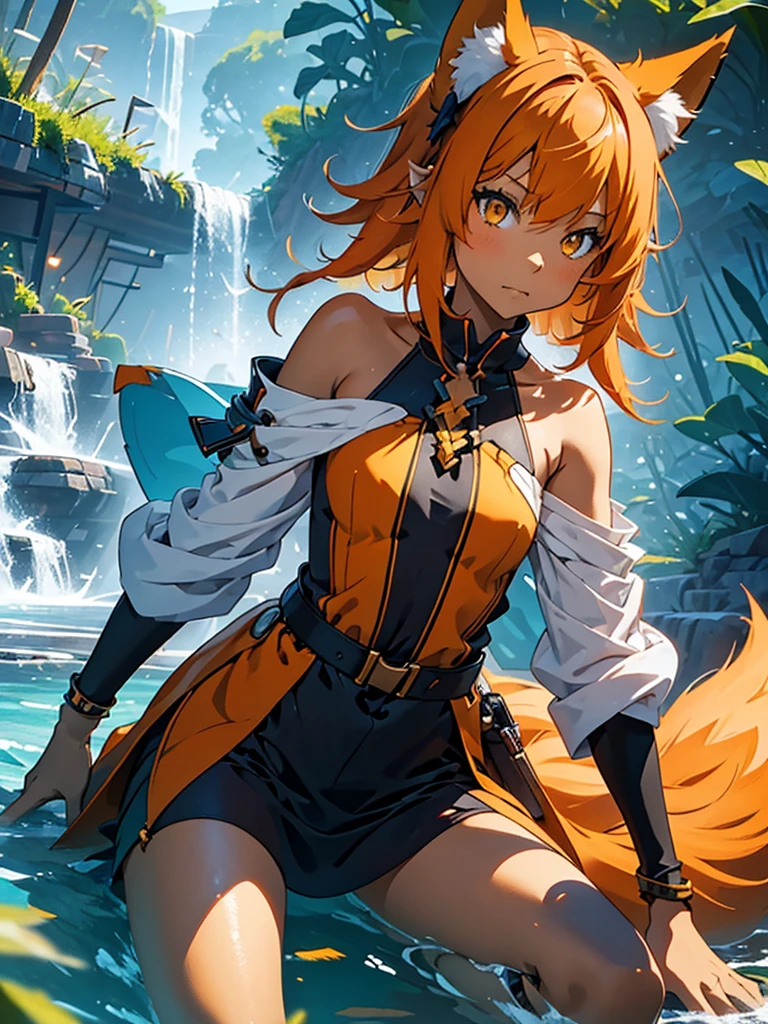 Young girl with shoulder length orange hair and yellow eyes, wearing a simple tunic, orange fox ears with a white tip and an orange fox tail with a white tip.